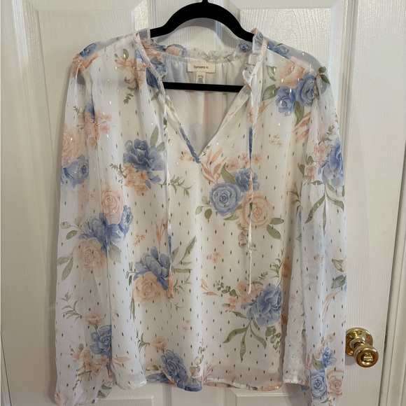 Floral Chiffon Blouse - White, Blue, and Peach - Picture 1 of 4